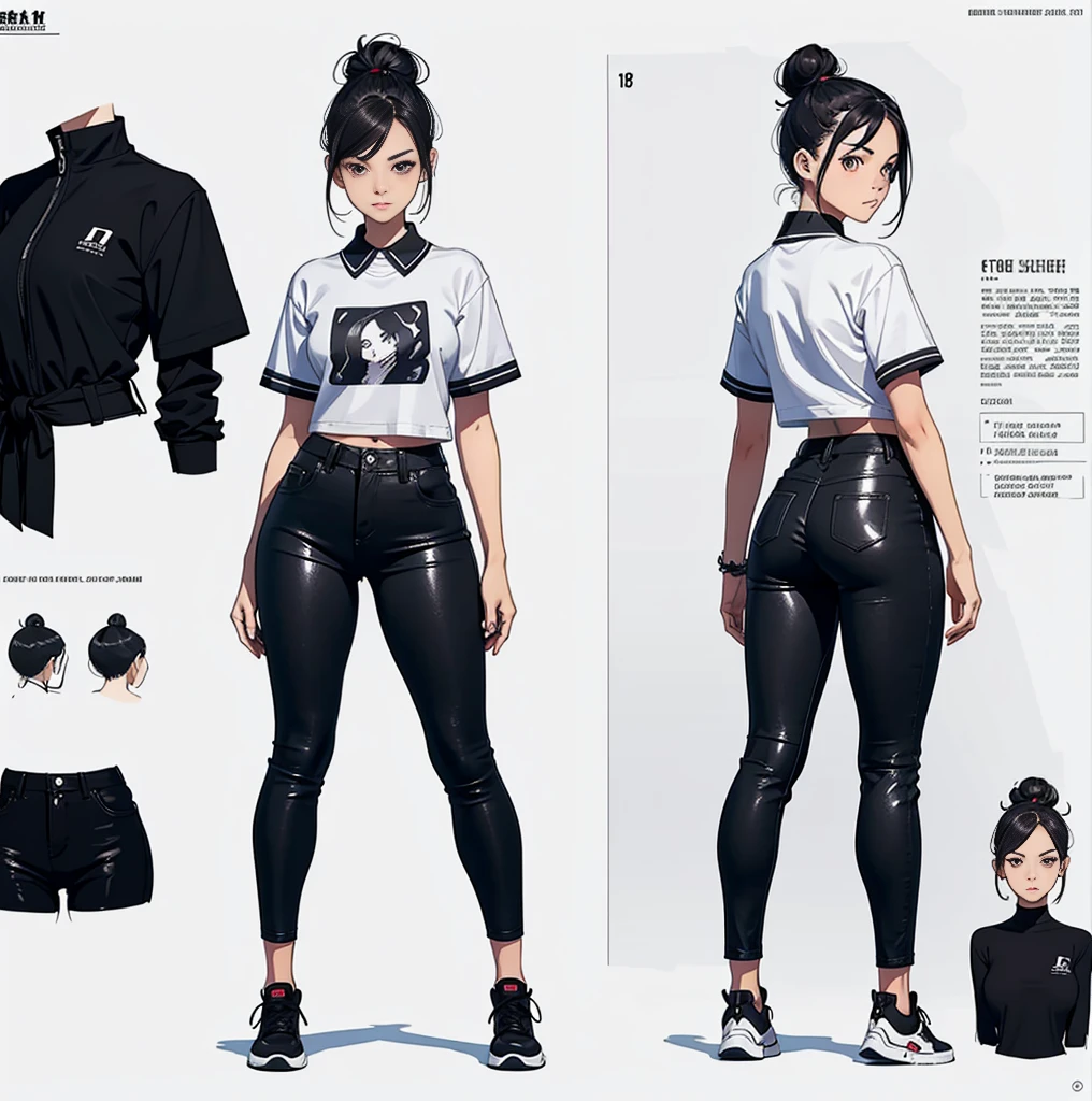 create a 18 years old school girl, full body ,left and right and back side ,beautiful girl, wearing full collar  t-shirt and black pant, medium half bun hairs ,multiple face expressions, character design, concept design sheet, white background, sketch, colorful, artgerm