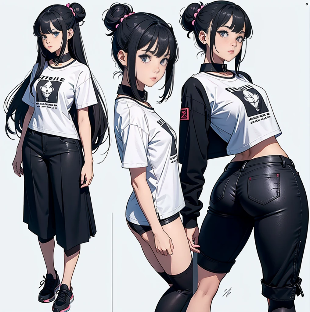 create a 18 years old school girl, full body ,left and right and back side ,beautiful girl, wearing full collar  t-shirt and black pant, medium half bun hairs ,multiple face expressions, character design, concept design sheet, white background, sketch, colorful, artgerm