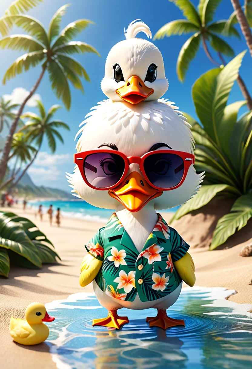 Esbian all over body、Cool white duck、Pop White Duck、Diorama、Simple Background、sunglasses、Aloha Shirt、tropical、Beach Background、Best Quality, Capture the cutest moments, Depth of written boundary, Super detailed, Ultra-high resolution, Octadale, 8k, 16km race