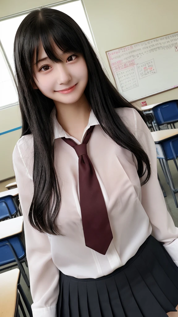 One girl, Long Hair, High resolution, chest, smile, bangs, Black Hair, 大きなchest, Heavy breathing, Red face, uniform、blouse、Wet、classroom、high school girl