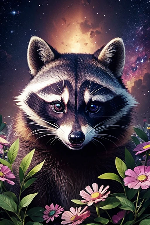 Raccoon with big galaxy eyes, Floral,