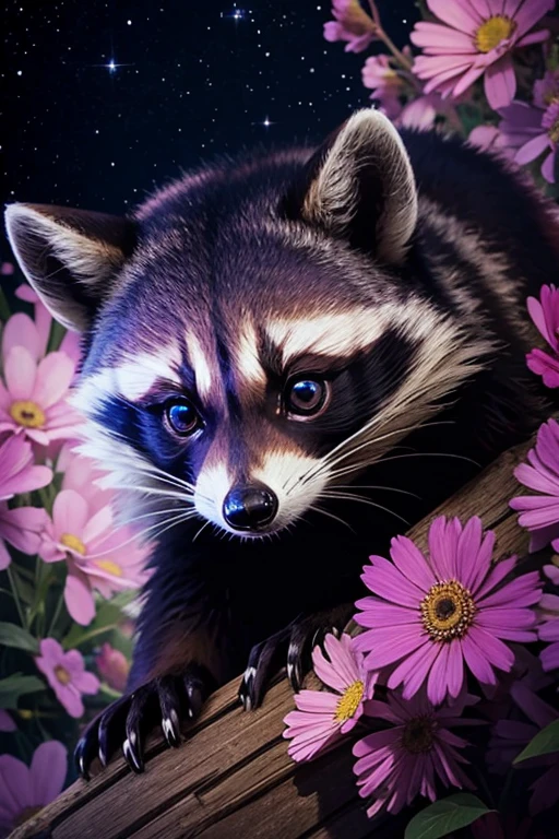 Raccoon with big galaxy eyes, Floral, 