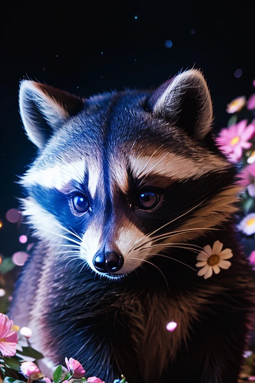 Raccoon with big galaxy eyes, Floral,