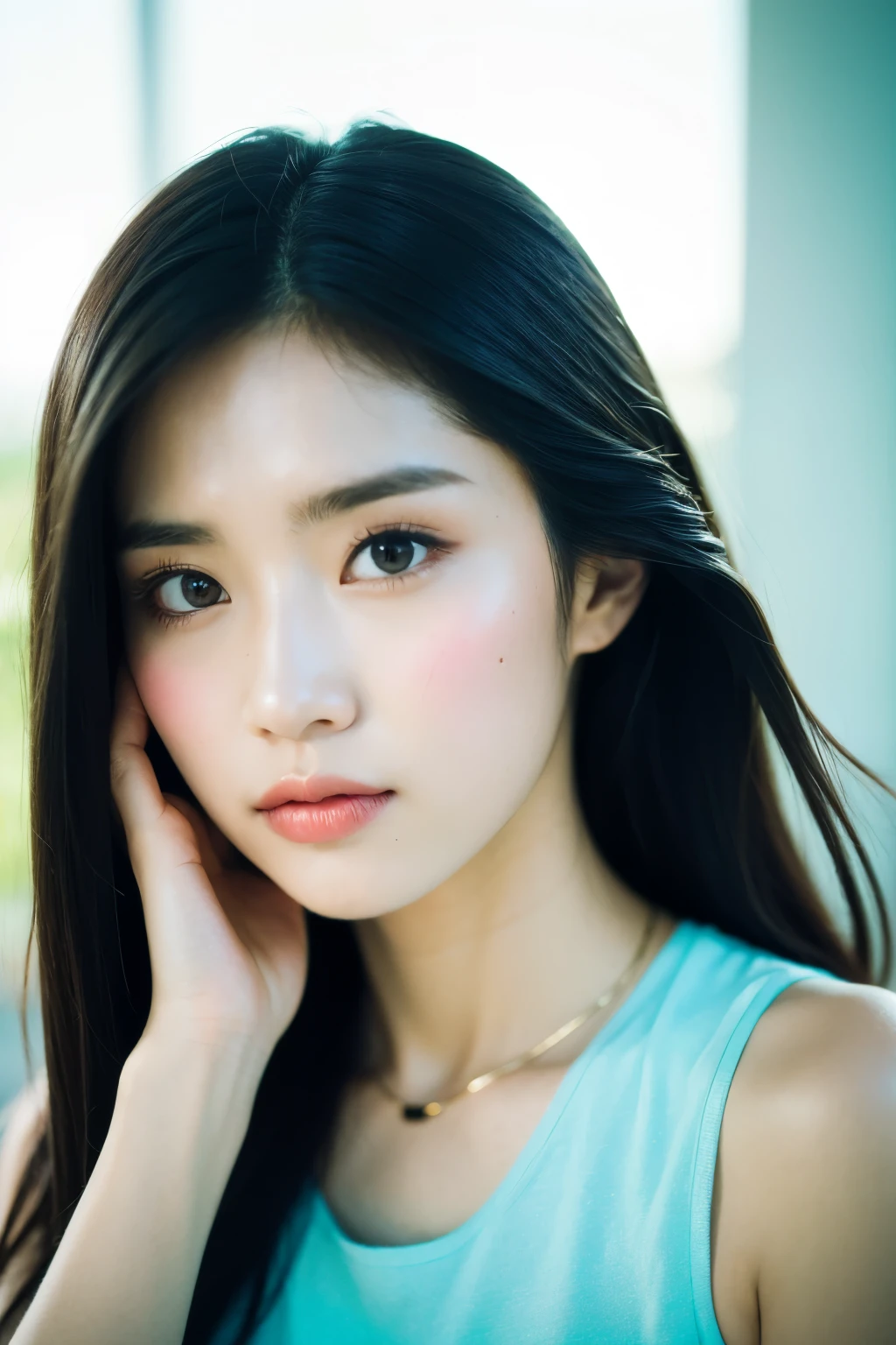 Photo of a beautiful Korean kpop idol woman, summer, , Color tone、Movie、Film Grain, 80 mm、emotion、Looking at the camera、Cover your face with your hands to block out the light、Realist、Masseter film