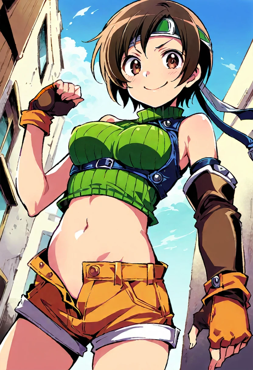 score_9, score_8_up, score_7_up,,BREAK , from below,navel below view.,mediumshot,(Standing pose),looking_at_viewer,soro focus,1girl, yuffie kisaragi, final fantasy, short hair,headband,navel,sleeveless,turtleneck,brown eyes,sleeveless turtleneck,solo,breasts,looking at viewer,smile,gloves,crop top,brown hair,shorts,midriff,,sweater,open fly,armor,fingerless gloves,ribbed sweater,medium breasts,,smile,smug,best quality,aesthetic,very aesthetic,masterpiece,high-resolution, Vector graphics (Proportion).