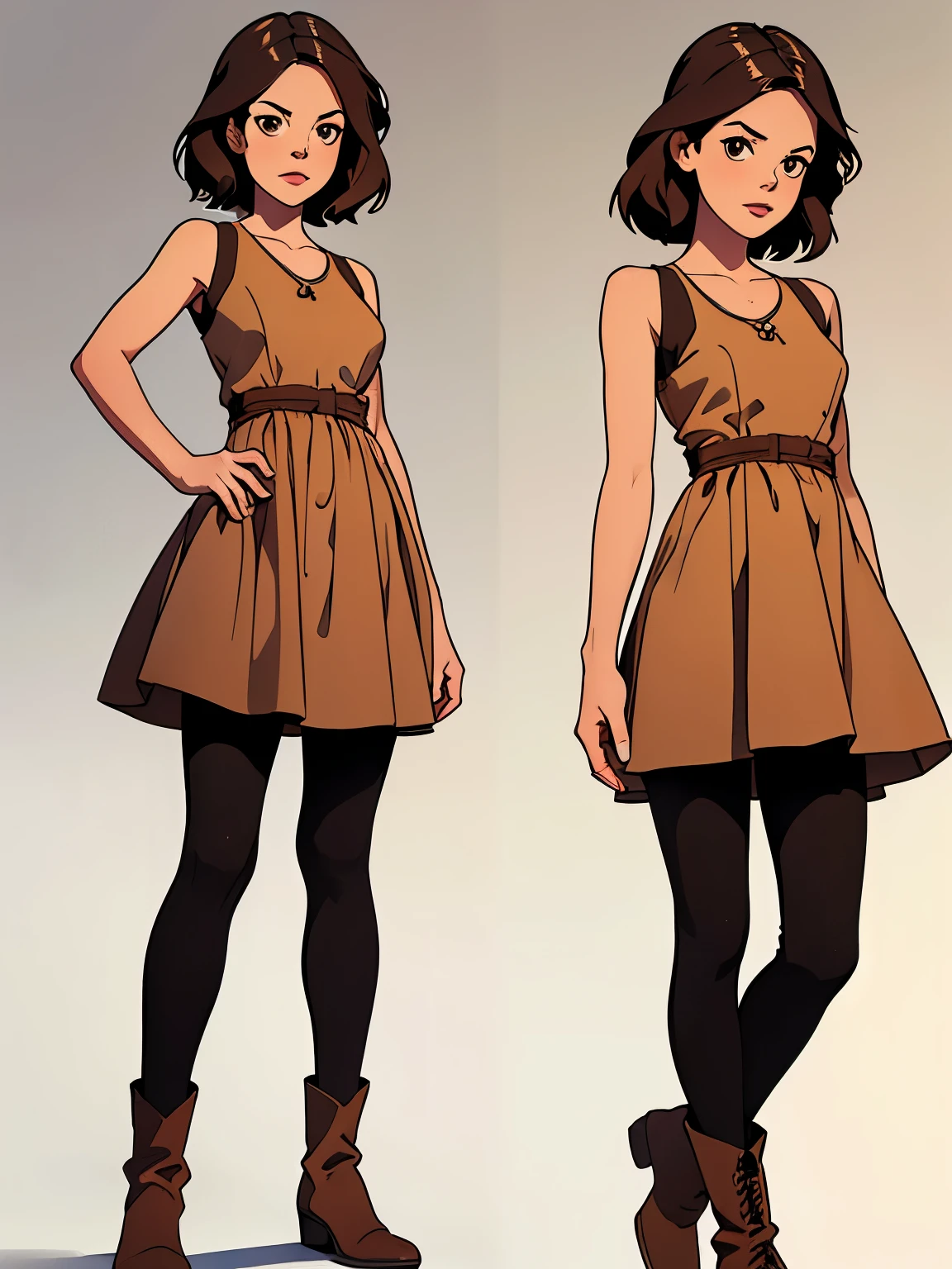 masterpiece, best quality, full body,1girl,the highest image quality, 31-year-old woman, looks like Rachel Bilson, RachelBilson, short brown hair, brown eyes, wearing a casual dress, leggings and boots, White background, empty background, full body, standing normally