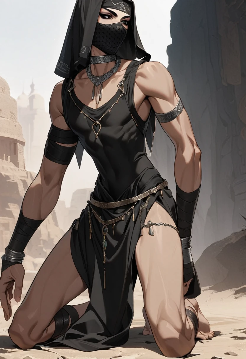 Male arab warrior, medivial, black short balaclava, black bandage, black clothes, thin waist, skinny body, femboy, light skin, makeup, black eyeliner, big eyelashes, black eyeshadow, metal choker, light skin, random woman kneeling