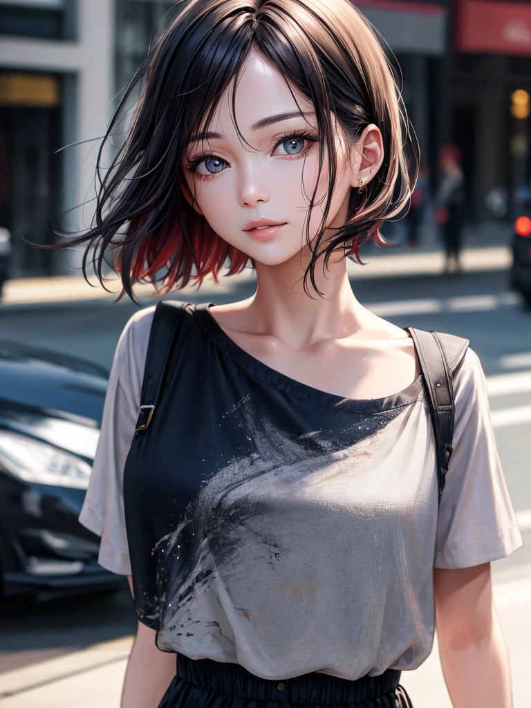 (hig彼st quality、8k、32K、masterpiece)、(Realistic)、(Realistic:1.2)、(High resolution)、Very detailed、Very beautiful face and eyes、1 girl、Delicate body、short hair, (hig彼st quality、Attention to detail、Rich skin detail)、(hig彼st quality、8k、Oil paints:1.2)、Very detailed、(Realistic、Realistic:1.37)、Bright colors、Full Body Shot, (Casual Fashion)