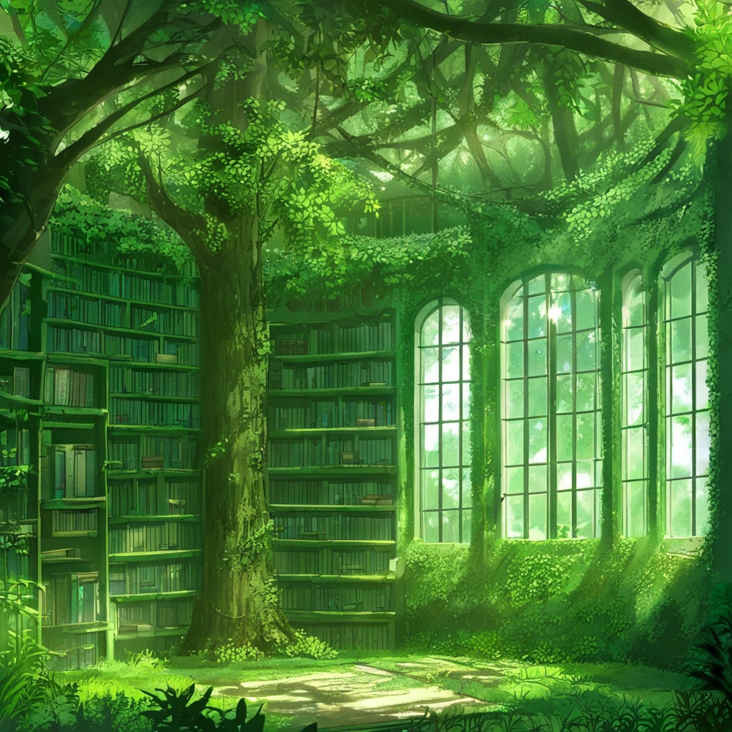 scenery, tree, green theme, window, no humans, book, nature, indoors, bookshelf, overgrown, forest,
anime world location,