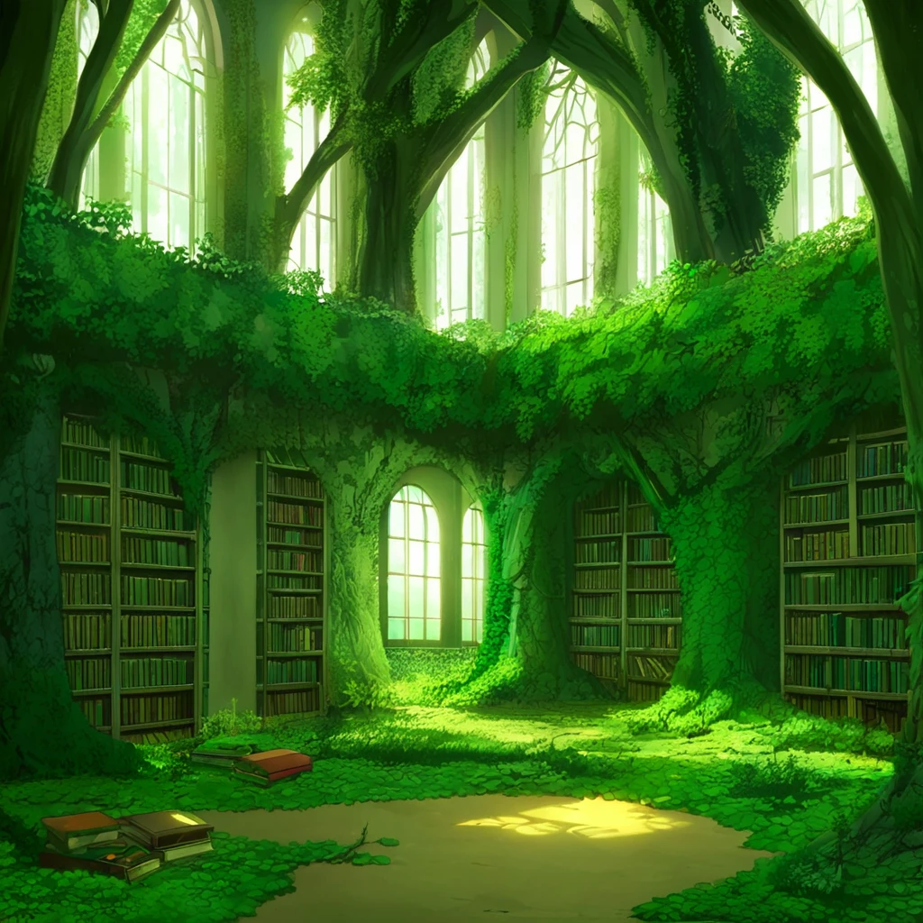 scenery, tree, green theme, window, no humans, book, nature, indoors, bookshelf, overgrown, forest,
anime world location,