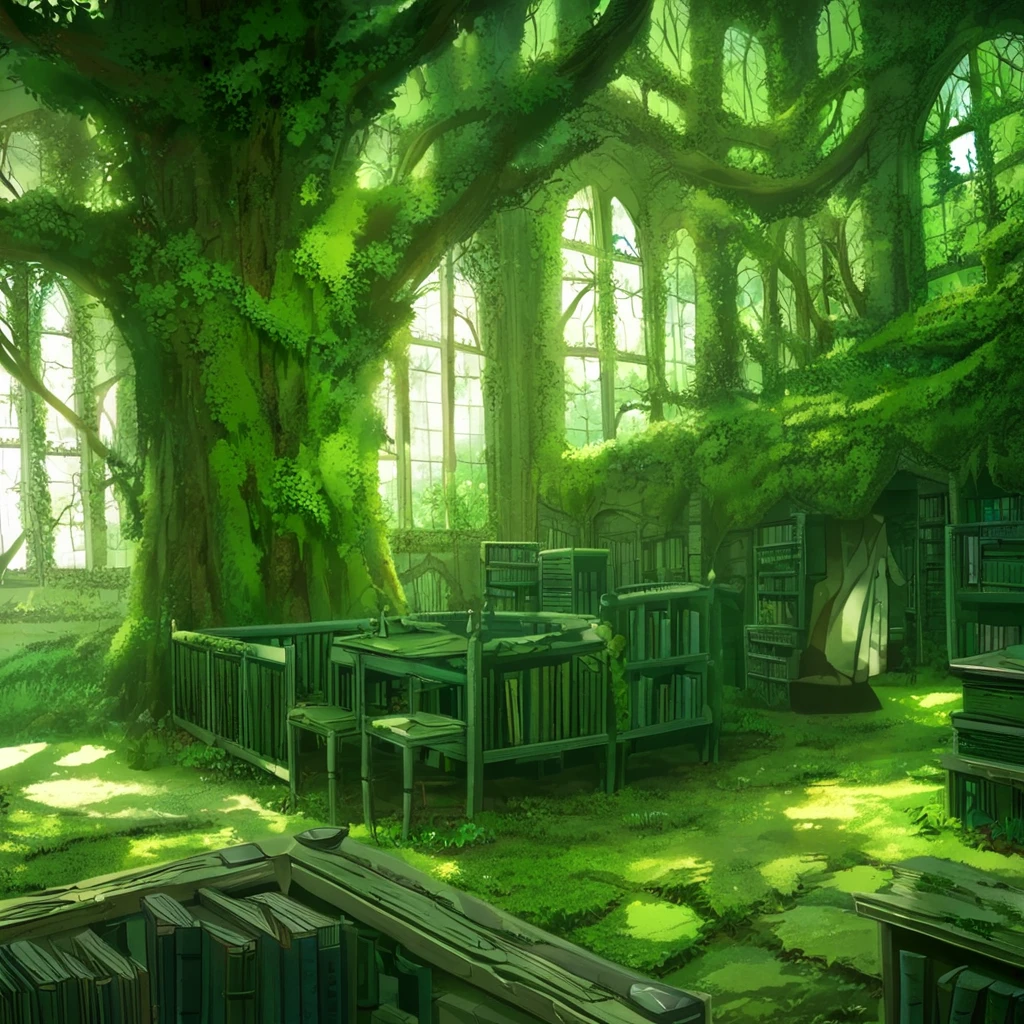 scenery, tree, green theme, window, no humans, book, nature, indoors, bookshelf, overgrown, forest,
anime world location,