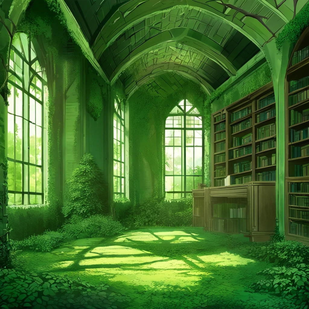 scenery, tree, green theme, window, no humans, book, nature, indoors, bookshelf, overgrown, forest,
anime world location,