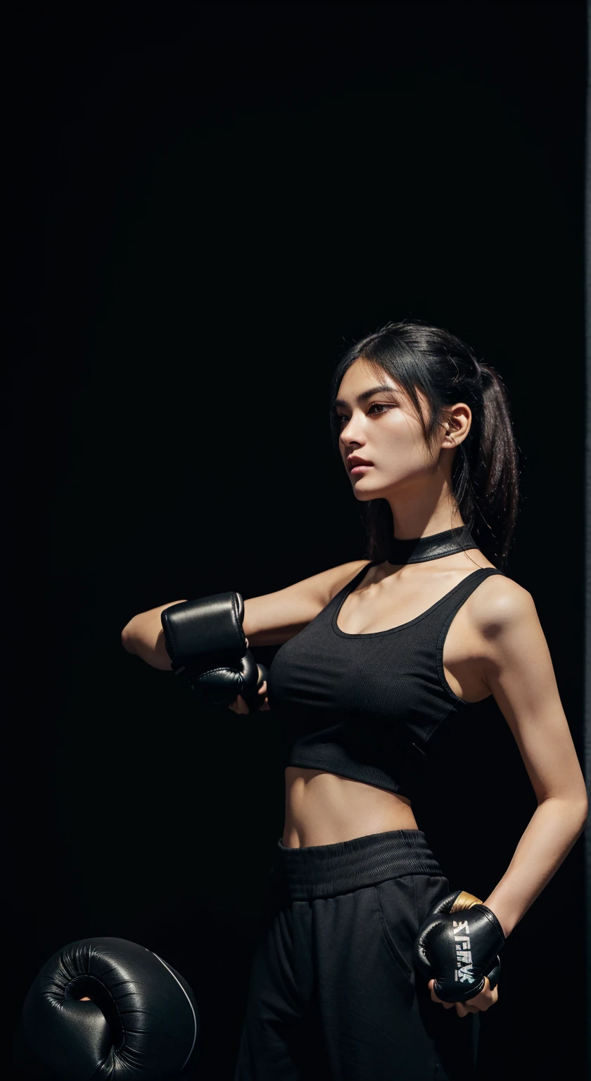 Wearing a black top and black pants、Arav woman wearing boxing gloves, tposture, t posture, posture, 侧posture, 自信的动作posture, standing black background, 侧面posture, 侧面摆posture, black background, She&#39;s ready for a fight., warrior pose, Strong posture, 采取动作posture, Fighting Stance, On black gym background