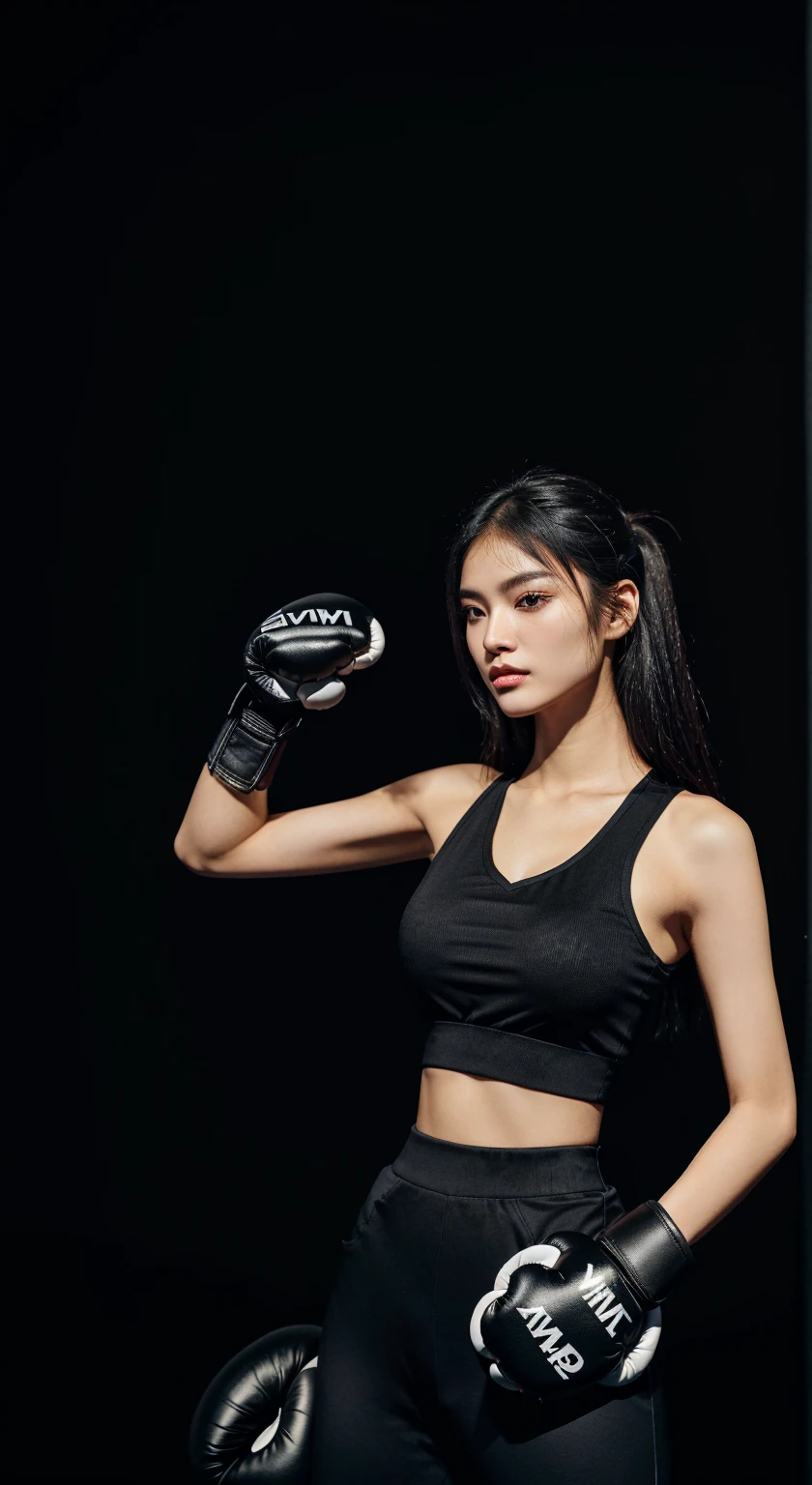 Wearing a black top and black pants、Arav woman wearing boxing gloves, tposture, t posture, posture, 侧posture, 自信的动作posture, standing black background, 侧面posture, 侧面摆posture, black background, She&#39;s ready for a fight., warrior pose, Strong posture, 采取动作posture, Fighting Stance, On black gym background