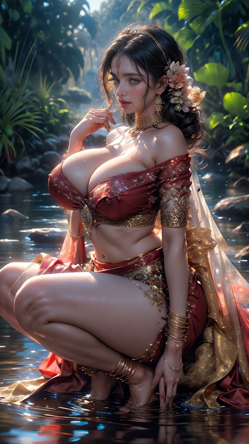 portrait,(NSFW 0.75) boy, woman, facing camera, showing crotch to camera, from front ((princess pose)) ,very very big breast, soft thick sexy saree ,flower design modern light wedding saree, colorful, flower armor, good anatomy, best quality, (((masterpiece))), high quality, realist, best detailed, details, realist skin, skin detailed, underboobs, beautiful posing under a fairy tale of exotic magic,lehenga choli, girl immersed in water , soaked saree, meadows background , bokeh effect , nipple slip , put milk in breast,off shoulder, strapless blouse, slightly chubby hip,different saree wearing style,(multi chain jewellery blouse),(wearing jewellery on blouse)( deep cl)((very thick blouse))) ((red saree)),(( squatting, spreading legs wide open, looking up, chin up, POV from front ))