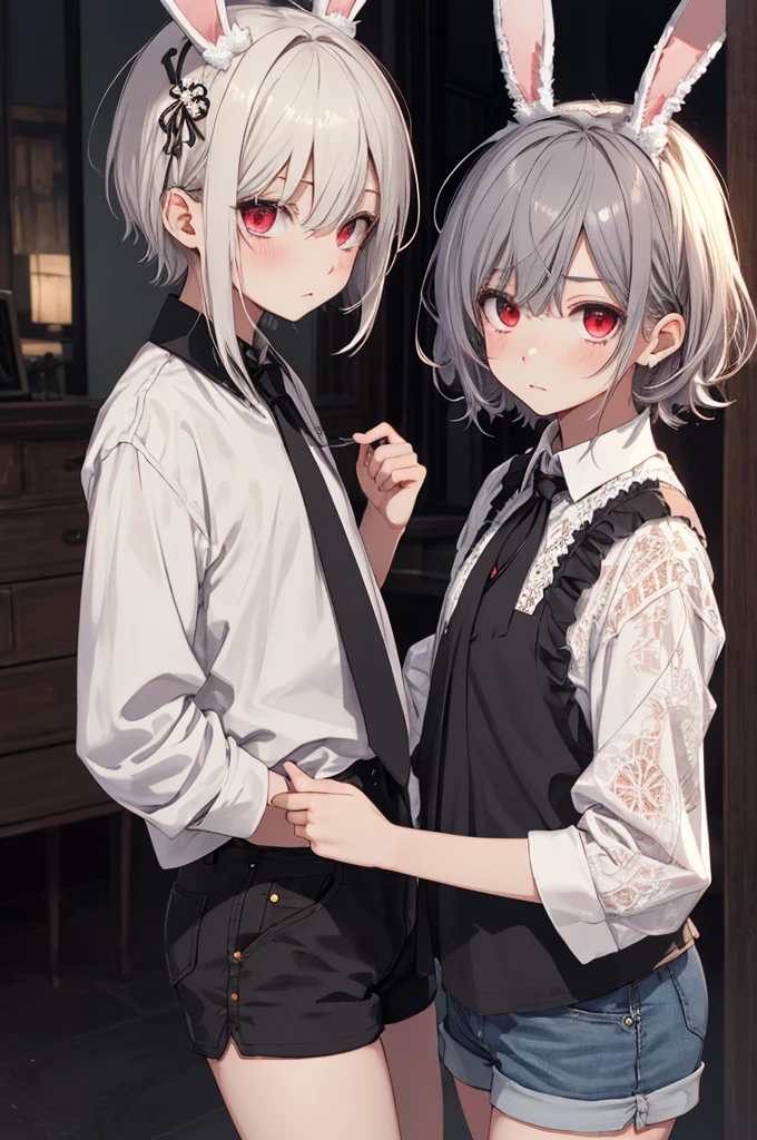 masterpiece, Highest quality, High resolution, One boy, Cream colored hair, Gray Hair, Pearly hair, Nice boy, Bunny ears, Loose-fitting clothing, Larger clothes, dark red eye, eyeの下のたるみ, dark circles under eye, やみcute, Fluffy hair, Voluminous Hair, skinny, slim, very skinny, Androgynous, cute, Spooky, short hair, Horror, Faded colors, White skin, Spooky, Unnaturally thin, Hungry, eye, eye in background, sharp eye, Long eyelashes, Under the lashes, Loose shorts, lace shirt, Frilled shirt, tie a ribbon around one's neck, Detailed clothing, A loose cardigan, Open cardigan, Dripping Blood, That's horrible, nightmare, Haunted, stitch, patchwork, String, Injury, hell, Injury on arms, self-harm, cut, Black Fingers, factory, Abandoned, Scattered, Shocking pink lipstick,,