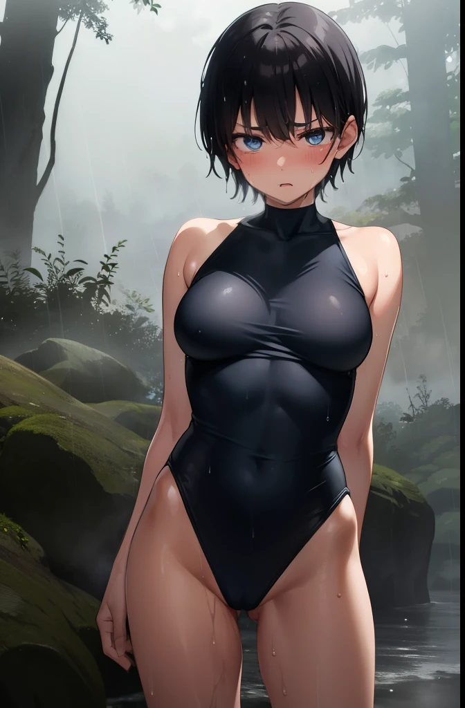 forest,rain,soil,fog,cloudy,Girl 1,boyish,short hair,Black Hair,blue eyes,Blue leotard,Super High Leg Cut,barefoot,blush,barefoot,Serious face,Embarrassing,Wet,Big Breasts,Are standing,Back view,return,Butt,Cowboy Shot,Sigh,Sweaty,Open your mouth,