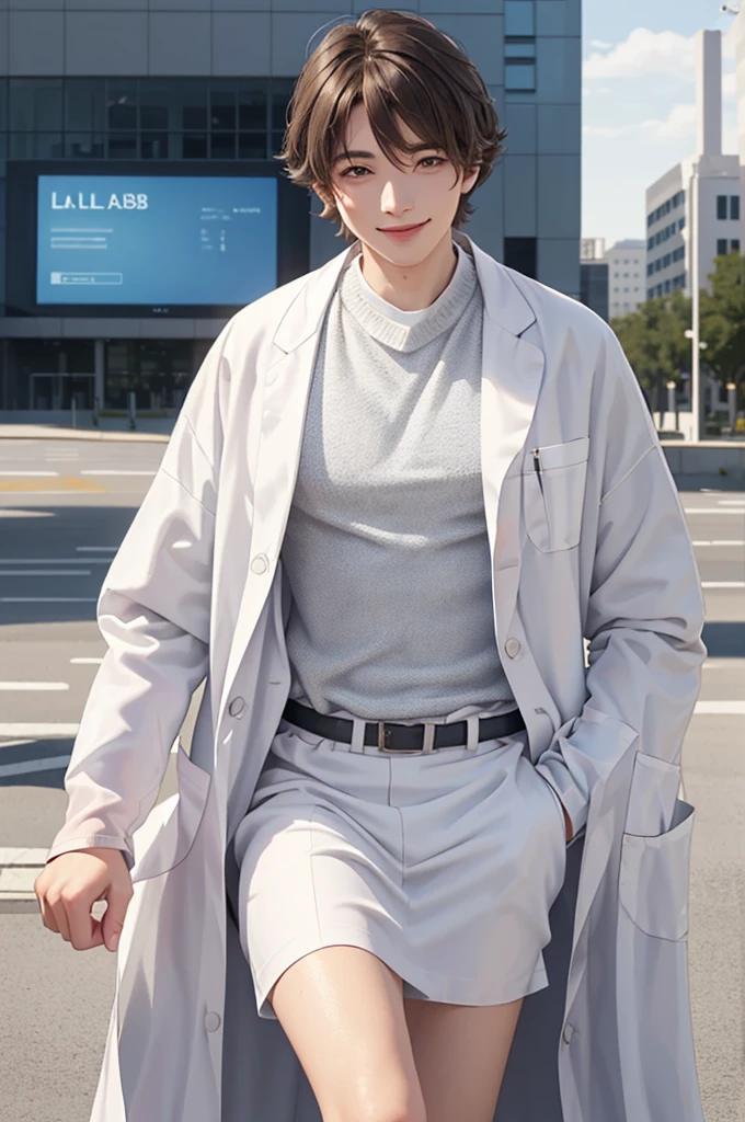 Doctor, 1 man, solo, sitting (Looking at the audience), (white lab coat:1.5), ,Stylish clothes who is an adult /(brown hair/) smile kindly (The best quality masterpiece:1.2) , Delicate illustrations, Special details, ( In front of the hospital