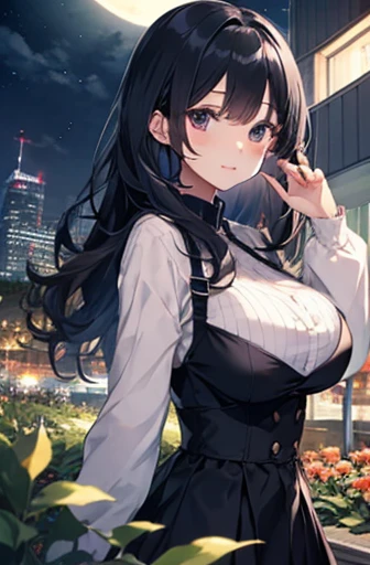 （Cute older sister:1.3）、Very detailed、Spring atmosphere、night、Aggressive、garden、full moon、Skyscraper,Big Breasts、Long black hair