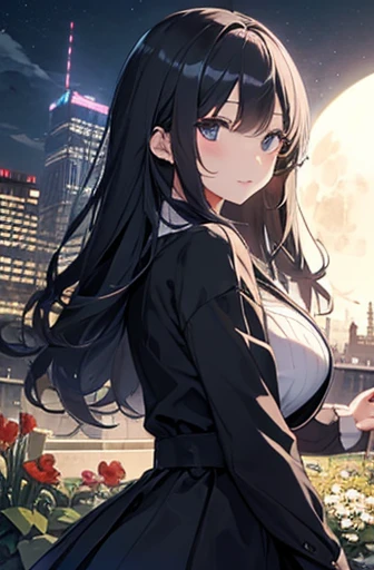 （Cute older sister:1.3）、Very detailed、Spring atmosphere、night、Aggressive、garden、full moon、Skyscraper,Big Breasts、Long black hair