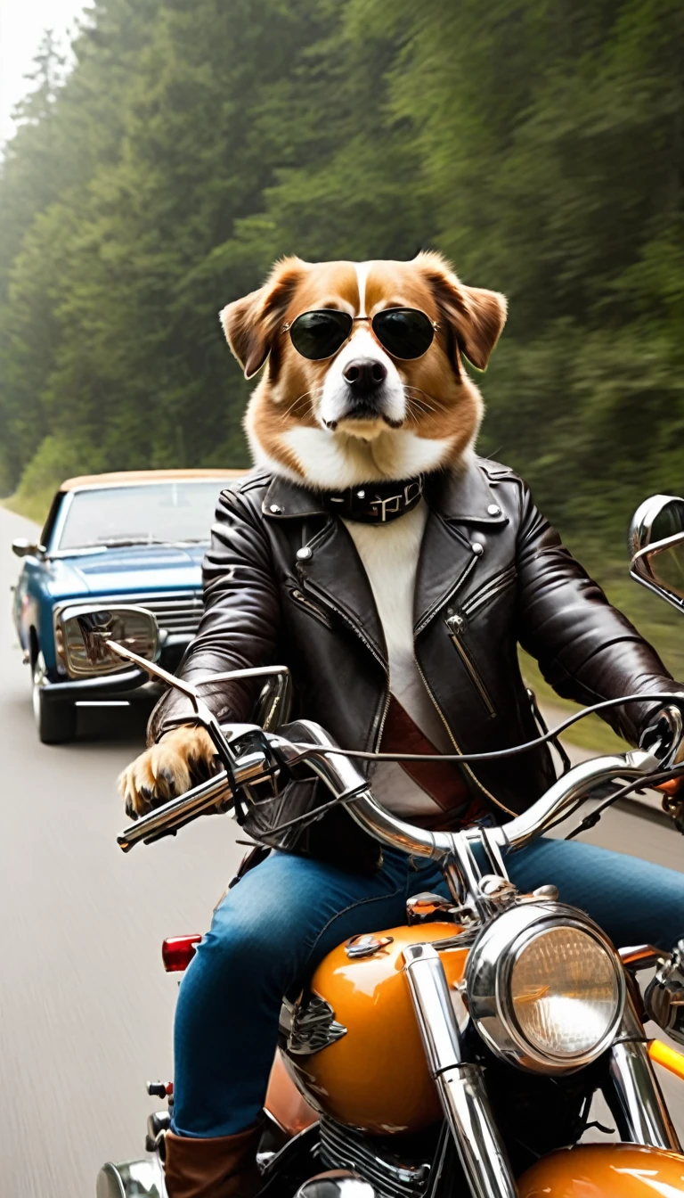 Easy Rider vibes, A dog is driving a large motorcycle, Real, live-action