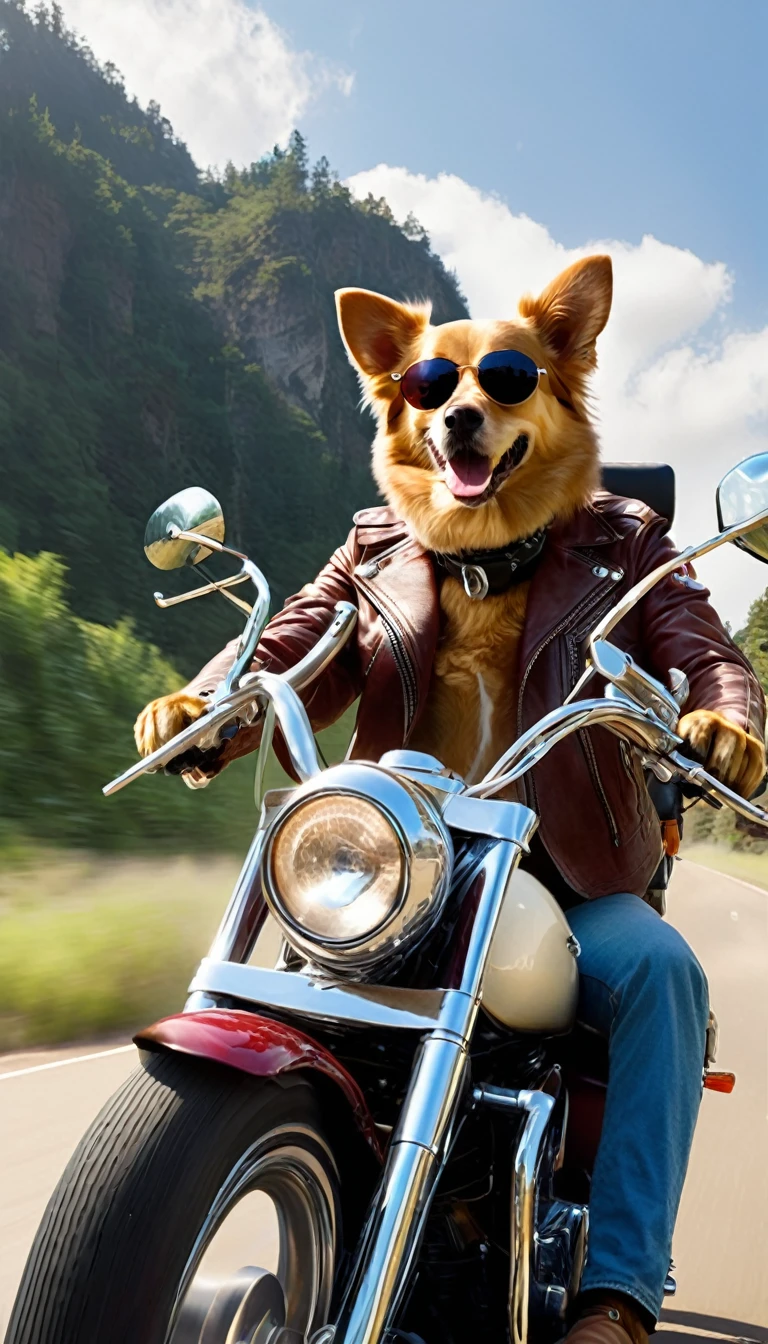 Easy Rider vibes, A dog is driving a large motorcycle, Real, live-action