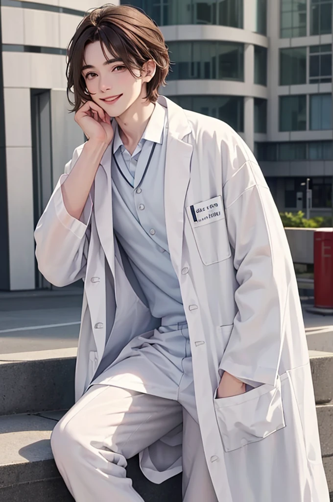 Doctor, 1 man, solo, sitting (Looking at the audience), (white lab coat:1.5), ,Stylish clothes who is an adult /(brown hair/) smile kindly (The best quality masterpiece:1.2) , Delicate illustrations, Special details, ( In front of the hospital