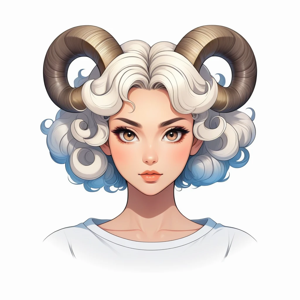 Confident woman with curled ram horn hairstyle, modern anime art style, empowering mood, soft ambient lighting. T-shirt design graphic, vector, contour, white background
