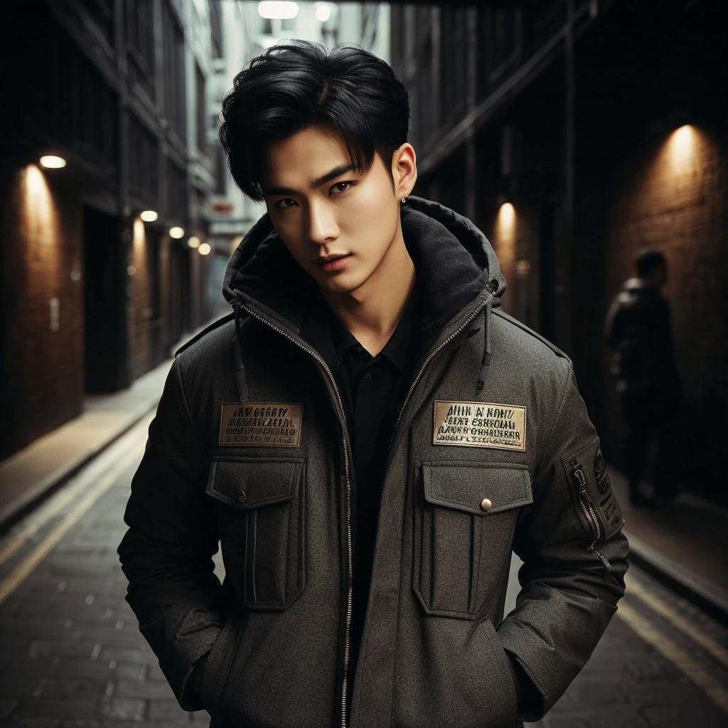 Professional photography of a full body elegant Asian man with body charm, mysterious aura, trendy black short taper hair, wearing a parka jacket with intricate sablon text (('Mau nya gitu?)) ' in a cosplay style, ultra-realistic rendering, masterpiece quality, dark alley background, cinematic, adjust contrast & saturation, vibrant color, with an enigmatic and intriguing expression, high definitions