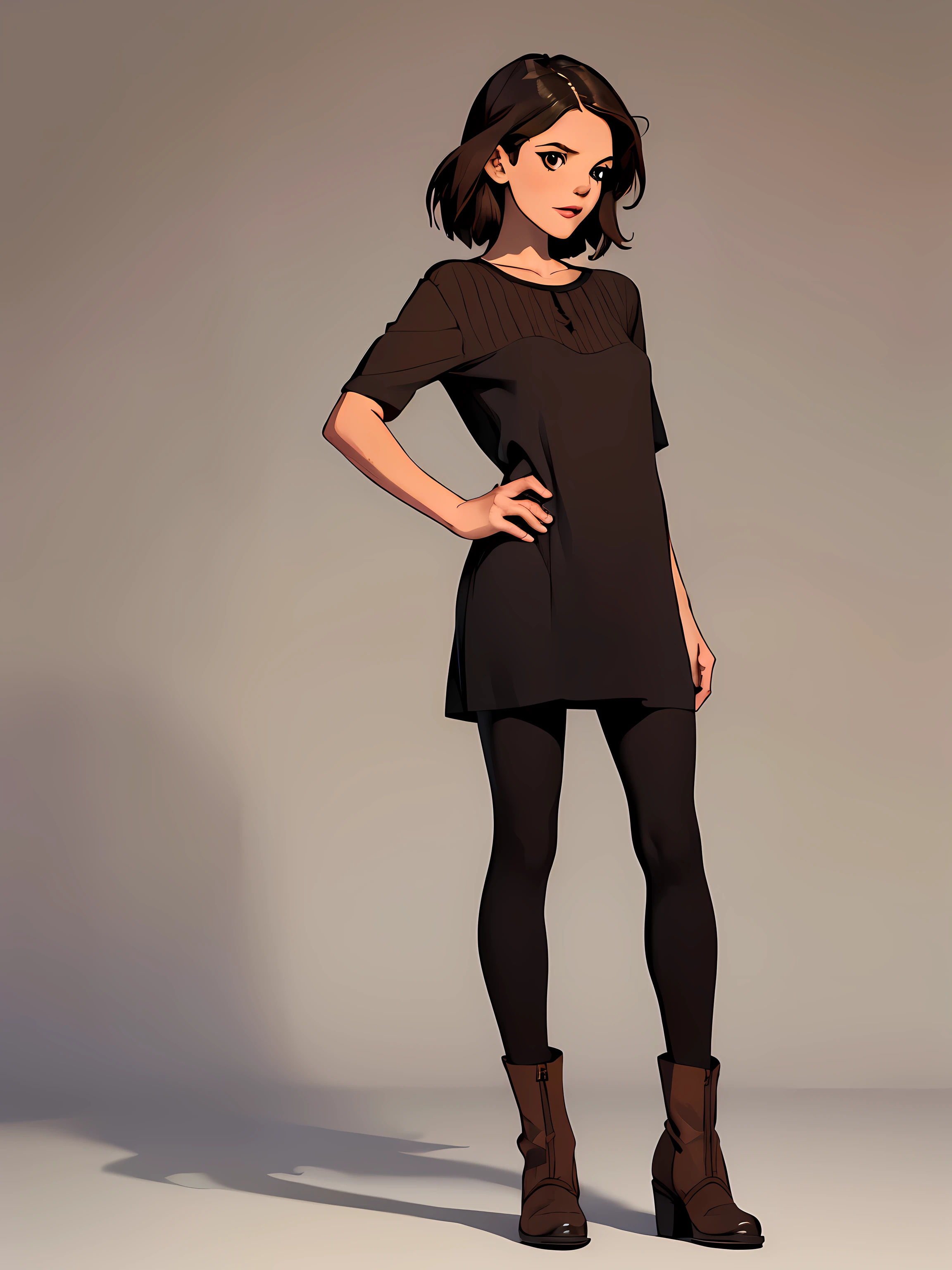 masterpiece, best quality, full body,1girl,the highest image quality, 31-year-old woman, looks like Rachel Bilson, RachelBilson, short brown hair, brown eyes, wearing a casual dress, leggings and boots, White background, empty background, full body, standing normally