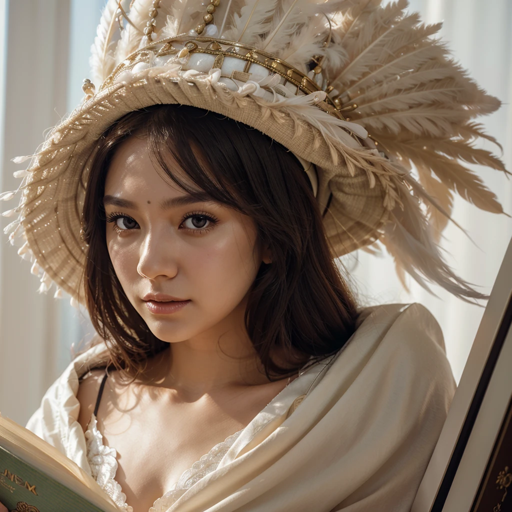 a close up of a person wearing a headdress, naver fanpop, soft light effect, film promotional still, discord profile picture, soft bloom lighting, rpg book portrait, fighting, expensive voluminous dress, feathered