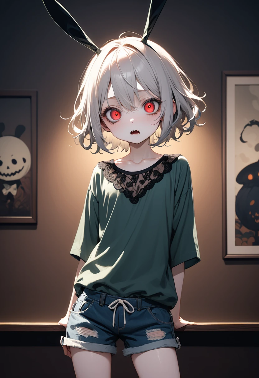 masterpiece, Highest quality, High resolution, One boy, Cream colored hair, Gray Hair, Pearly hair, Nice boy, Bunny ears, Loose-fitting clothing, Larger clothes, dark red eye, eyeの下のたるみ, dark circles under eye, やみcute, Fluffy hair, Voluminous Hair, skinny, slim, very skinny, Androgynous, cute, Spooky, short hair, Horror, Faded colors, White skin, Spooky, Unnaturally thin, Hungry, eye, eye in background, sharp eye, Long eyelashes, Under the lashes, Loose shorts, lace shirt, Frilled shirt, tie a ribbon around one&#39;s neck, Detailed clothing, A loose cardigan, Open cardigan, Dripping Blood, That&#39;s horrible, nightmare, Haunted, stitch, patchwork, String, Injury, hell, Injury on arms, self-harm, cut, Black Fingers, factory, Abandoned, The dismembered ghost,Many Heads,Many heads,Lots of faces,Multiple faces,Multiple Girls,Frolicking Girl,Multiple women,tea ,Crazy Smile,Look up,Face shot,Scythe Face,Girl Monster, slave,beautiful, Detailed portrait, Delicate facial features, 鋭いeye, Sharp Fangs, 青White skin, Thick chain, Dark Background, Cinema Lighting, Dramatic Shadows, Gothic style, Gloomy atmosphere, Dark fantasy, One Girl, , Please open your mouth wide, Open your mouth and baring your teeth,Sharp teeth like a beast, Wide lips, very wide mouth, Vermilion cheeks, ,(Blood splatter:1.6),Scary face, Laughter　Witch design, Twisted smile、Bloodstained、bleeding from the head,,、Blood splatter、,(Blood splatter:1.6),Crossbones, skull,　, Horrorスタイル, ((Fantasy Witch Costume)), ((Flowing white hair)), ,(Blood splatter:1.6),Female curves, Large Breasts, Thick thighs, Sexy flat stomach, Perfect hands, Perfect anime face, ((dark ****ta dress)), Are standing, ((Wicked Smile)), ,(Blood splatter:1.6),Victorian cities, gaslight, Steam circulates, Moonlight Illumination, night lighting, A sky filled with stars and galaxies,disaster々new devil horns,,(Blood splatter:1.6),アニメゾンビWitch design, Twisted smile、Bloodstained、bleeding from the head,,、Blood splatter、,(Blood splatter:1.6),Crossbones, skull,,Photo Background,Wide Shot,Scythe Face,Girl Monster, slave,beautiful, Detailed portrait, Delicate facial features, 鋭いeye, Sharp Fangs, 青White skin, Thick chain, Dark Background, Cinema Lighting, Dramatic Shadows, Gothic style, Gloomy atmosphere, Dark fantasy, One Girl, , Please open your mouth wide, Open your mouth and baring your teeth,Sharp teeth like a beast, Wide lips, very wide mouth, Vermilion cheeks, ,(Blood splatter:1.6),Scary face, Laughter　Witch design, Twisted smile、Bloodstained、bleeding from the head,,、Blood splatter、,(Blood splatter:1.6),Crossbones, skull,　, Horrorスタイル,