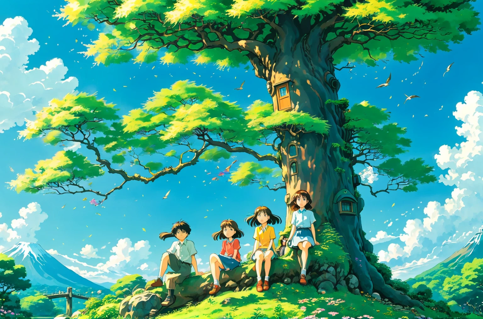 Boys and girls under the tree,Japanese manga style,Studio Ghibli,Hayao Miyazaki style,high saturation,rich details,