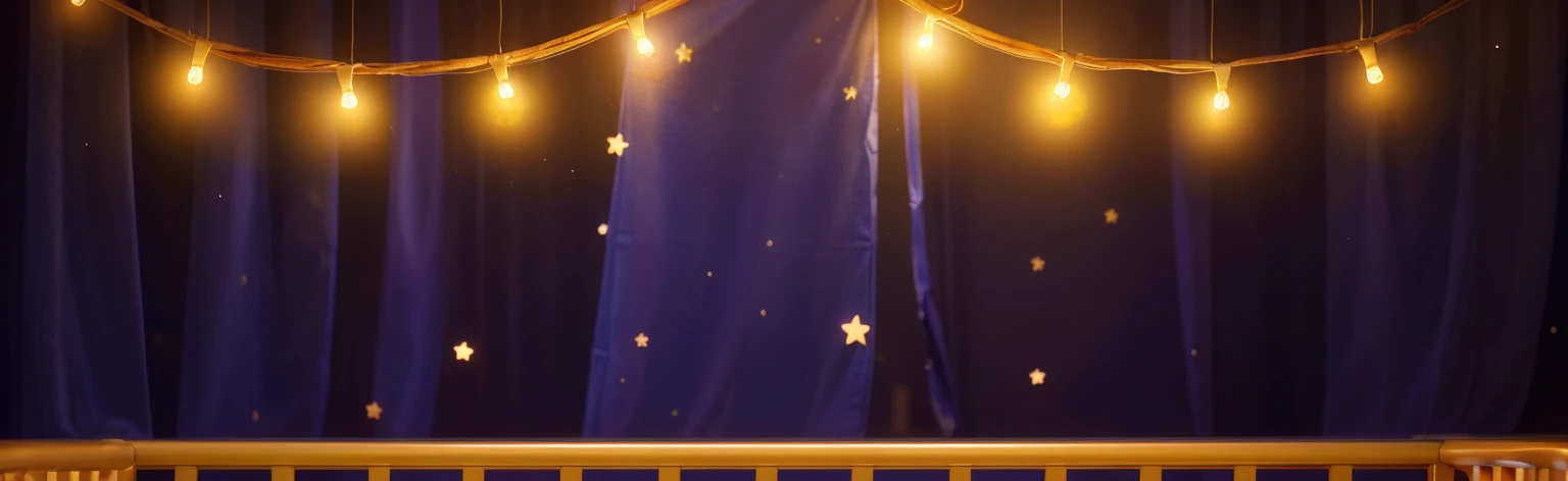 The image presents a charming view of a children's cot set against a backdrop of deep purple curtains adorned with twinkling stars. The cot features a sturdy, warm orange frame, complementing the magical atmosphere. Overhead, a string of glowing, warm yellow lights adds a gentle, comforting illumination, enhancing the dreamlike quality of the scene. This setup creates a serene and inviting space, perfect for a child's restful night. The purple background adds a vibrant contrast to his attire and accessories.аffects render, (glossy plastic texture with multiple big light probe refractions), perfect cgi, smooth silhouette, high intensity refraction, (super glossy plastic material), most beautiful vfx, , realistic, 4k, high resolution, rim light, smooth 3d model, multiple light sources, rim light, sharp post effects render,, realistic, 4k, high resolution, rim light detailed digital art, reflective, best quality, 4k, masterpiece:1.2, ultra-detailed, realistic, vivid colors, The image of the highest quality, ensuring every detail showcased perfectly. It in 4k resolution, allowing viewers to immerse themselves in the richness of the colors and intricate details. The realistic rendering. under the spotlight, reflecting, high-resolution image, realistic rendering