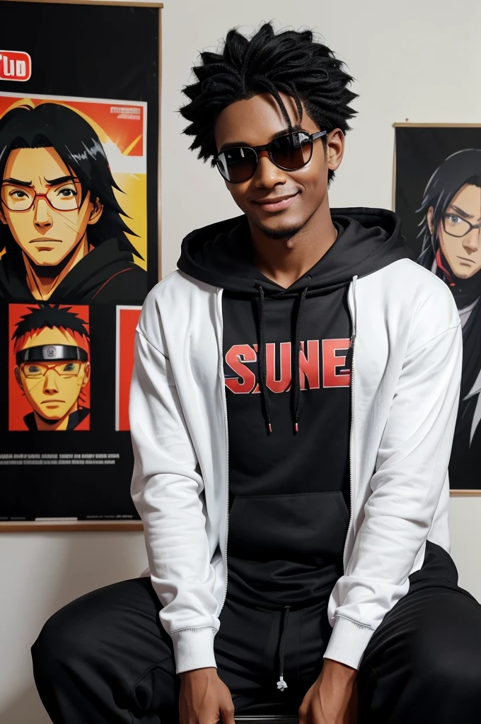 "Create a anime boy eye with sun glass black colour who have a mature looking like a man facing in front he is a YouTube content creator, sitting in his studio with futuristic gadgets, and there is mic near him ,wearing red hoodie, smiling, and there is 2 posters of naruto in his room" write "SOUTH FLICK BUZZ" On YouTube poster in background