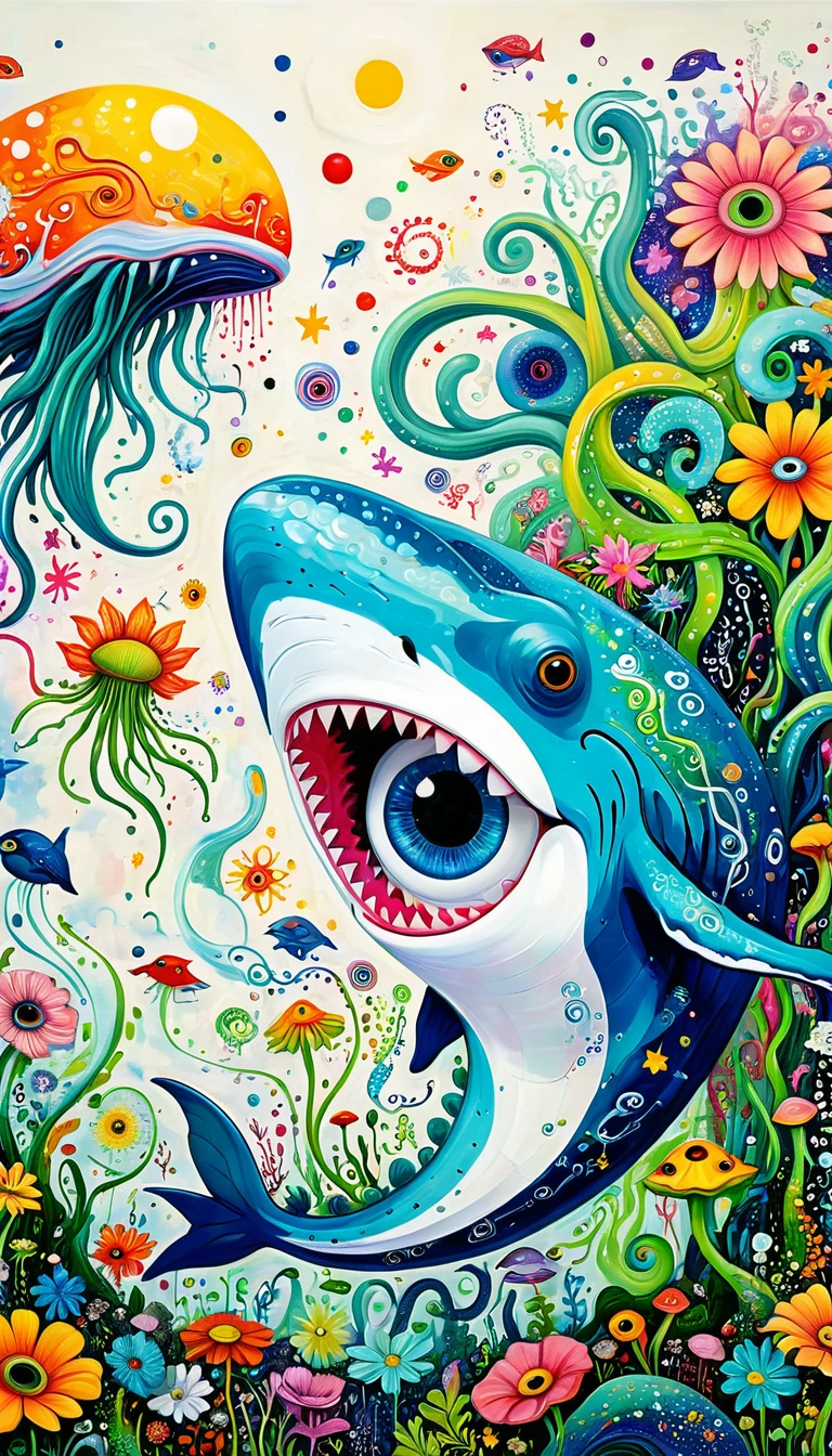 Children's graffiti,Thick coating，Concave and convex texture，Oil pastel strokes：Artists from the stars，Flying Whale:1.37、White Cloud、flowesh、Tentacles、bird、(((Eye)))、diatom，Abstract mosaic painting，Describing the inner world of autistic people，Large area of white，interesting，Innocence，Vision，Psychedelic Art，
