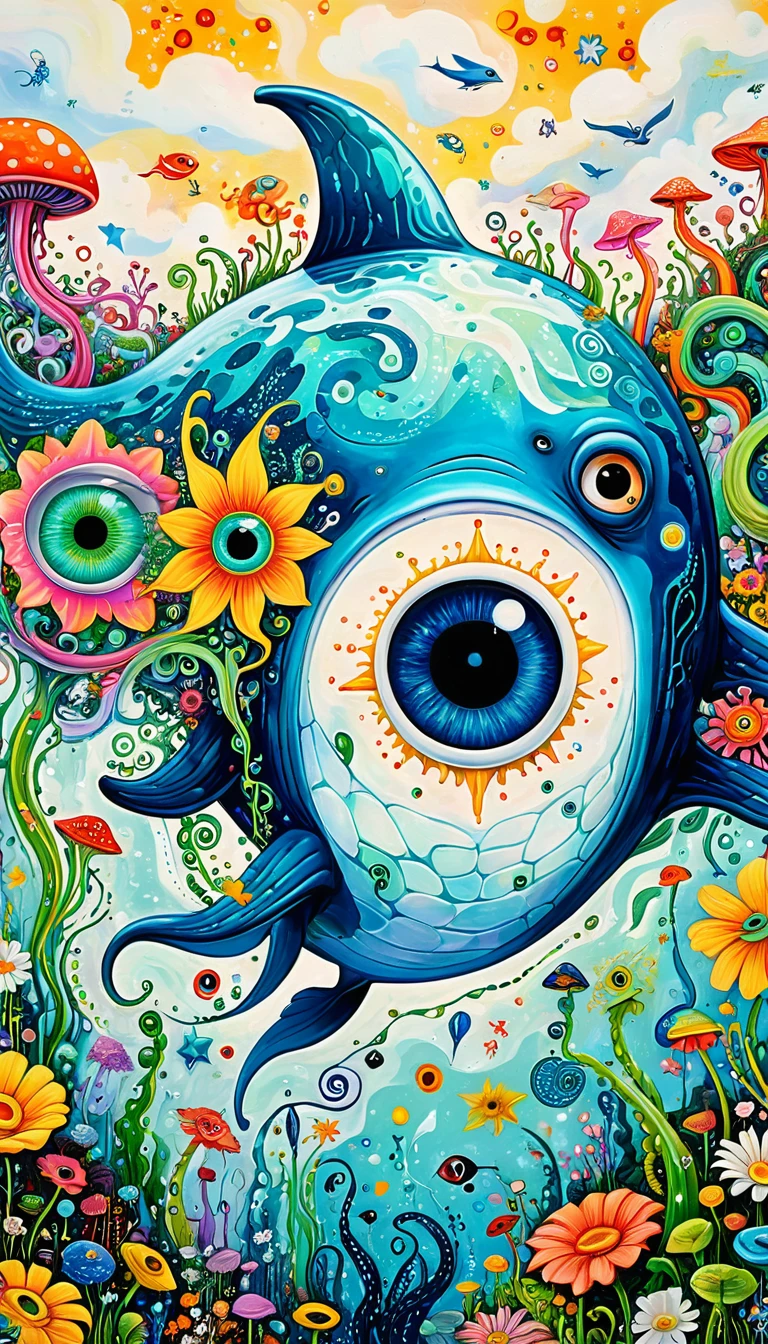 Children's graffiti,Thick coating，Concave and convex texture，Oil pastel strokes：Artists from the stars，Flying Whale:1.37、White Cloud、flowesh、Tentacles、bird、(((Eye)))、diatom，Abstract mosaic painting，Describing the inner world of autistic people，Large area of white，interesting，Innocence，Vision，Psychedelic Art，
