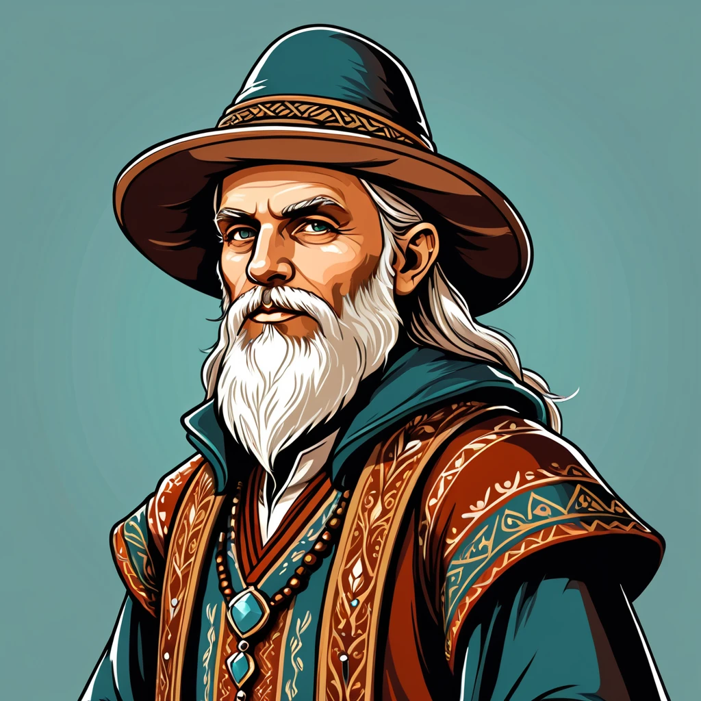 old man in fantasy folk outfit, vector graphics, strong contours