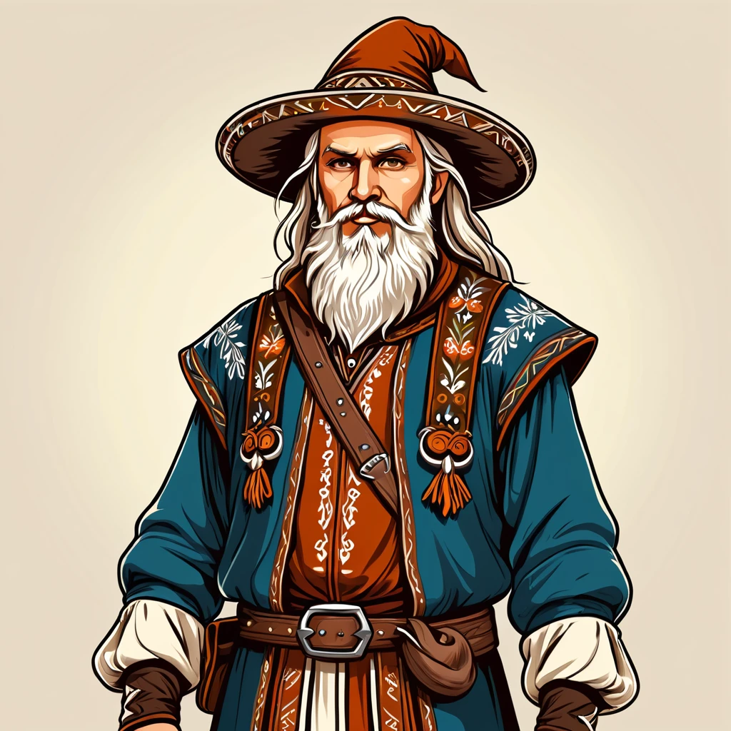 old man in fantasy folk outfit, vector graphics, strong contours
