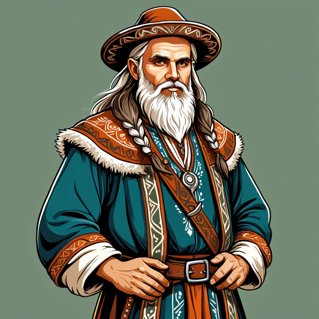 old man in fantasy folk outfit, vector graphics, strong contours