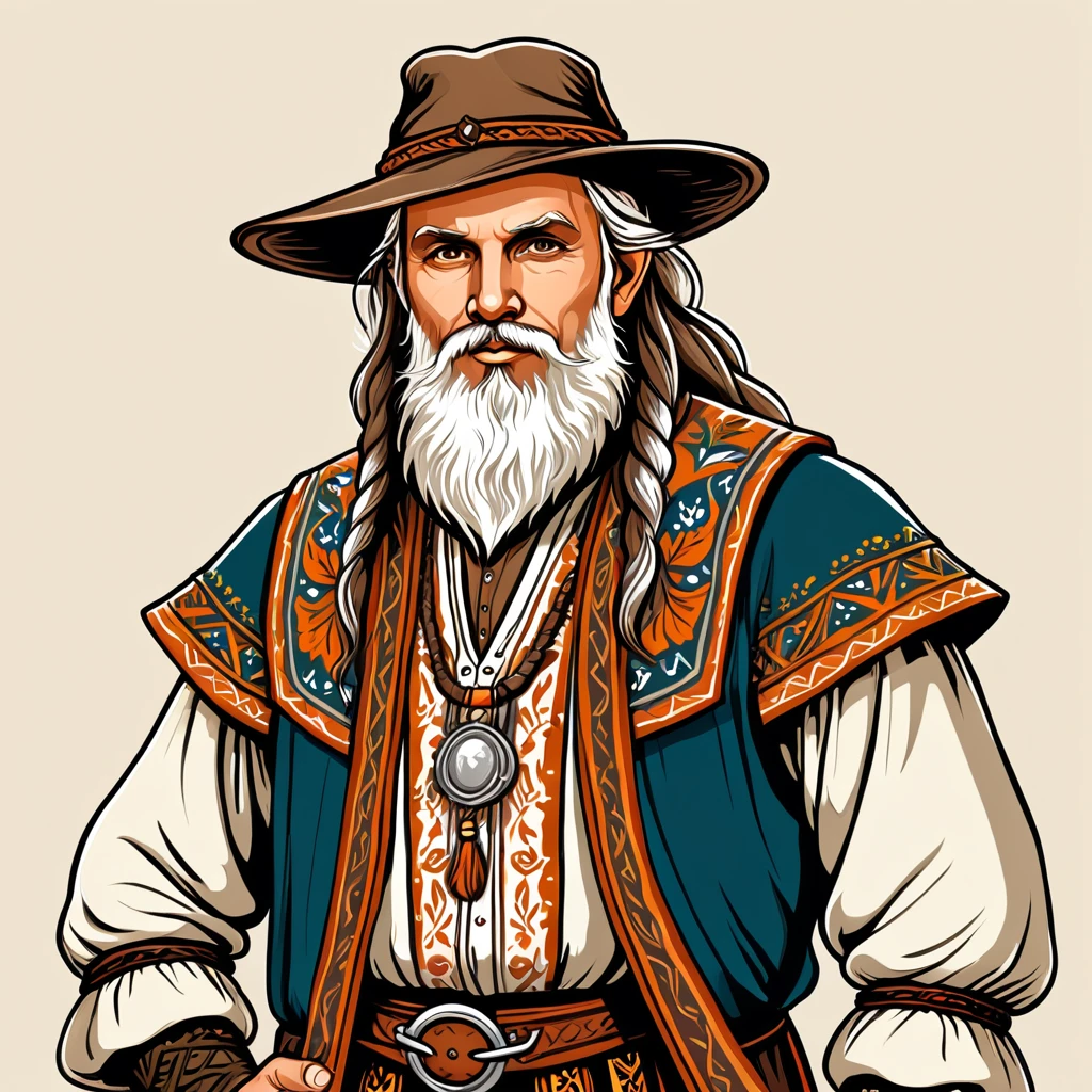 old man in fantasy folk outfit, vector graphics, strong contours