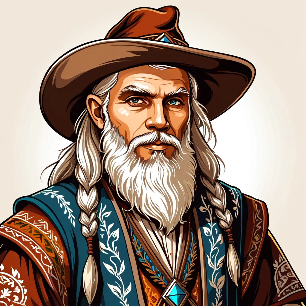 old man in fantasy folk outfit, vector graphics, strong contours