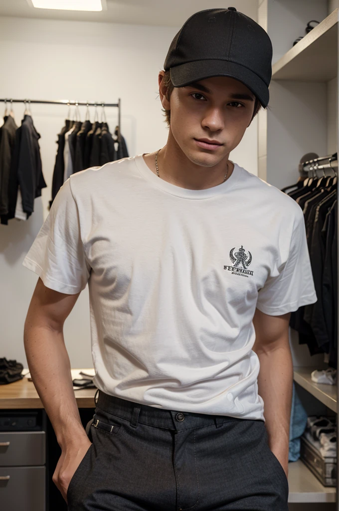Generate a ultra fine realistic mockup of a Stanley Stella STTU755 t-shirt worn by a male model with baseball cap. no prints on clothing. The model should be standing in a casual pose, with the t-shirt clearly visible from the front. The t-shirt should be plain black. The background should be simple and clear golfcourse. Ensure the lighting is perfect for an online shop, highlighting the t-shirt's details and fabric quality. The overall image should be clean and professional, focusing on the t-shirt.