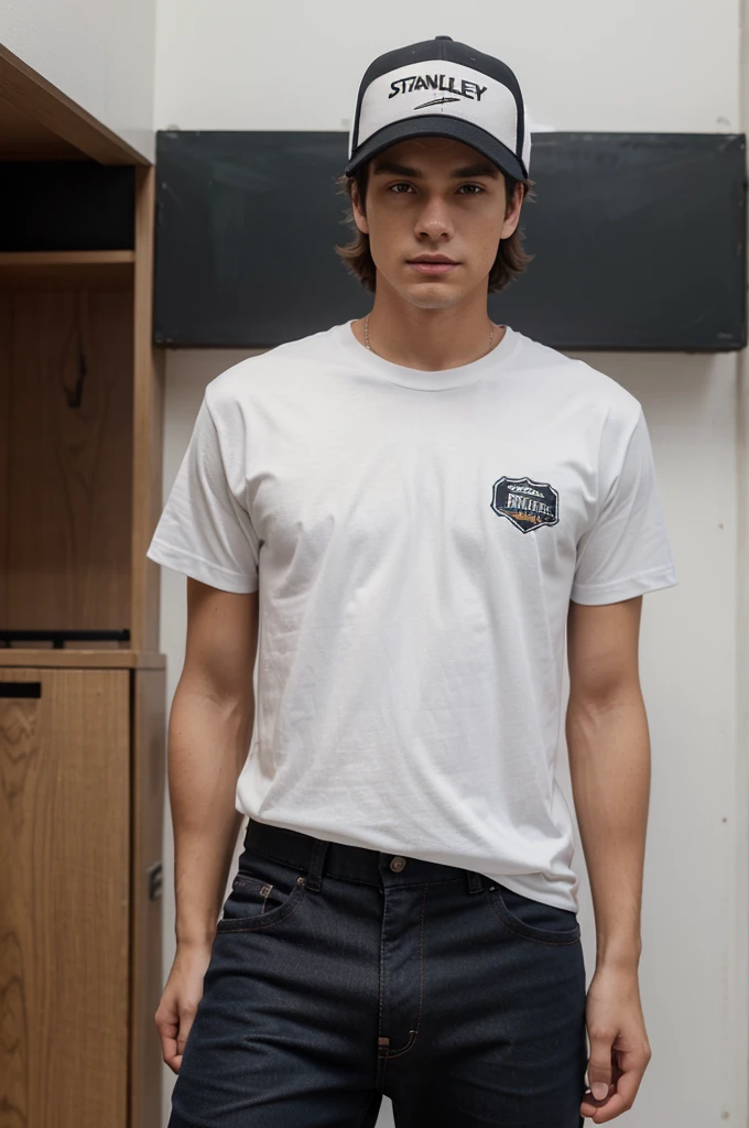 Generate a ultra fine realistic mockup of a Stanley Stella STTU755 t-shirt worn by a male model with baseball cap. no prints on clothing. The model should be standing in a casual pose, with the t-shirt clearly visible from the front. The t-shirt should be plain black. The background should be simple and clear golfcourse. Ensure the lighting is perfect for an online shop, highlighting the t-shirt's details and fabric quality. The overall image should be clean and professional, focusing on the t-shirt.