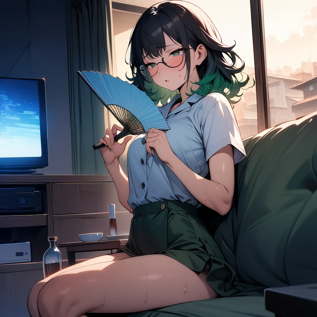 (masterpiece),(best quality),very aesthetic,(ultra-detailed),(super-fine illustration),vibrant colors,high saturation,nsfw,1girl,25yo,slender,tall,medium hair,black hair,natural wave hair,flipped hair,dark green eyes,enjoyable,comfortable,half closed eyes,glasses,fan,fanning herself with the fan,sweat, (monk's working clothes with gradient earth color),short sleeves,living room,window,air-conditioner,Urban landscape outside the window,television,table,(drunk:1.2),japanese sake bottle,sake cup,reclining on couch,side dish,night,dinner time,cowboy shot,looking away