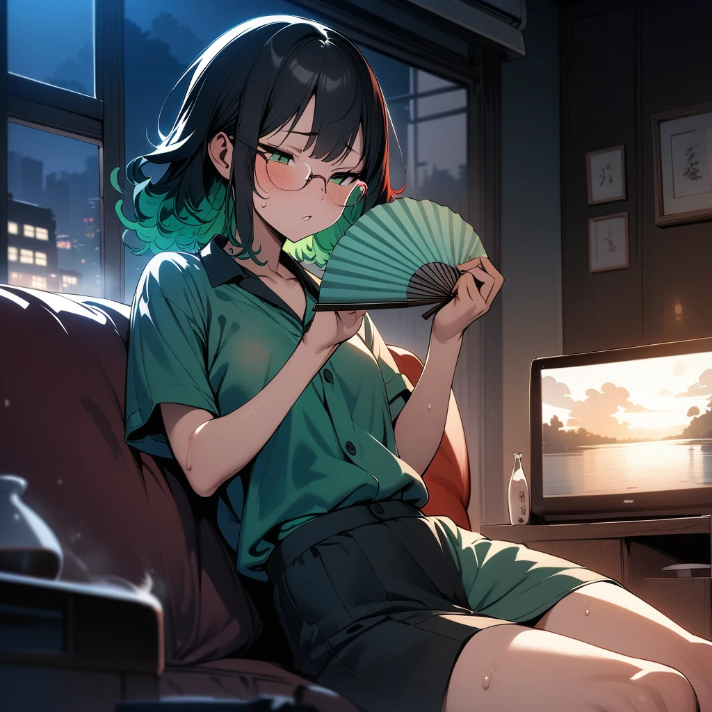 (masterpiece),(best quality),very aesthetic,(ultra-detailed),(super-fine illustration),vibrant colors,high saturation,nsfw,1girl,25yo,slender,tall,medium hair,black hair,natural wave hair,flipped hair,dark green eyes,enjoyable,comfortable,satisified,glasses,fan,fanning herself with the fan,sweat,cool, (monk's working clothes with gradient earth color),short sleeves,living room,window,air-conditioner,Urban landscape outside the window,television,table,(drunk:1.2),japanese sake bottle,sake cup,reclining on couch,side dish,night,dinner time,cowboy shot,looking away