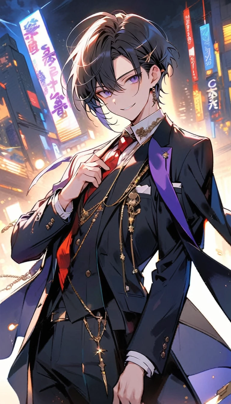 good looking, alone, 1 male, short hair, Smile Facial,1. Boy with black and purple hair, Moderate height, Slim body, Long coat, Black lining,good looking, short hair, Black Hair, Rainbow Hair, Purple eyes, 先端がスモーキーグレーのBlack Hair, smoking, Black light,smile、, Bright, sharp eyes illuminate the scene,uniform,Fewer accessories,whole body,Background white,(masterpiece, Highest quality), Yishang_edge, Default_Costume, One boy, alone, Red tie, Black jacket, Black vest, Jacket on shoulders, White shirt, Collared shirt, Black trousers, View your viewers, city, night, knife,紫色に光るknife身,View your viewers, city, night, From below,Lots of cool accessories