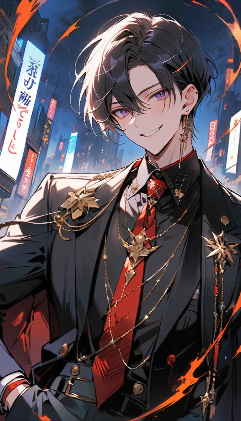good looking, alone, 1 male, short hair, Smile Facial,1. Boy with black and purple hair, Moderate height, Slim body, Long coat, Black lining,good looking, short hair, Black Hair, Rainbow Hair, Purple eyes, 先端がスモーキーグレーのBlack Hair, smoking, Black light,smile、, Bright, sharp eyes illuminate the scene,uniform,Fewer accessories,whole body,Background white,(masterpiece, Highest quality), Yishang_edge, Default_Costume, One boy, alone, Red tie, Black jacket, Black vest, Jacket on shoulders, White shirt, Collared shirt, Black trousers, View your viewers, city, night, knife,紫色に光るknife身,View your viewers, city, night, From below,Lots of cool accessories