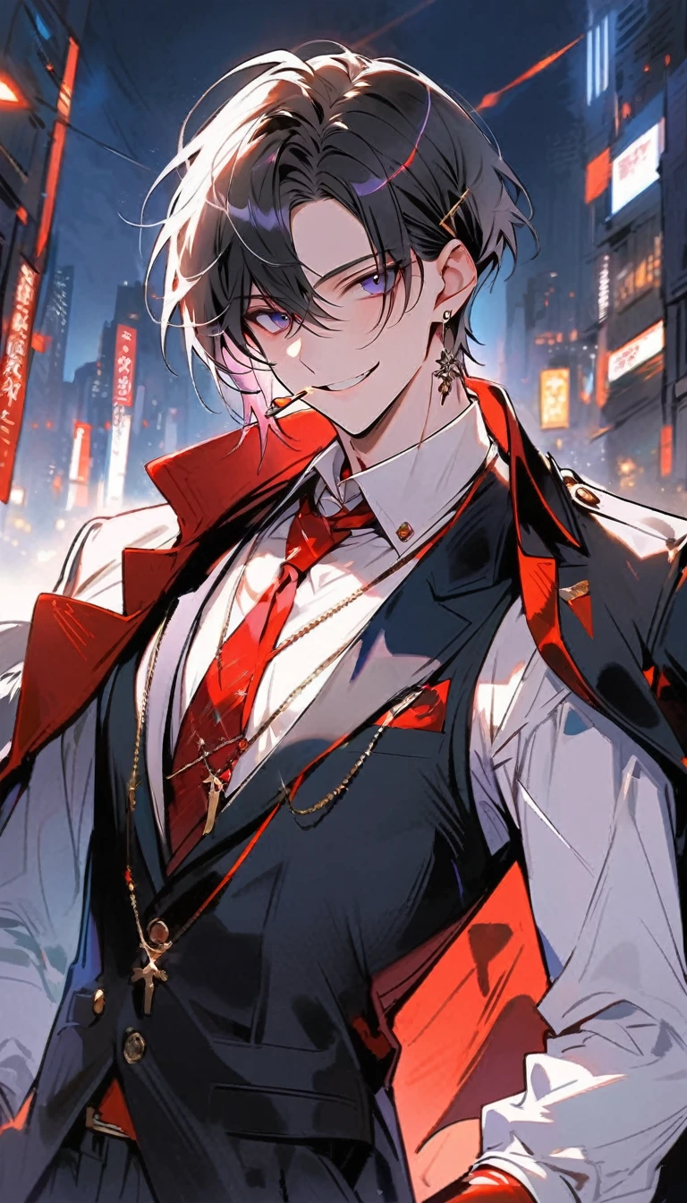 good looking, alone, 1 male, short hair,  Smile Facial,1. Boy with black and purple hair,  Moderate height, Slim body, Long coat, Black lining,good looking, short hair, Black Hair, Rainbow Hair, Purple eyes, 先端がスモーキーグレーのBlack Hair,  smoking, Black light,smile、, Bright, sharp eyes illuminate the scene,uniform,Fewer accessories,whole body,Background white,(masterpiece, Highest quality), Yishang_edge, Default_Costume, One boy, alone, Red tie, Black jacket, Black vest, Jacket on shoulders, White shirt, Collared shirt, Black trousers, View your viewers, city, night, knife,紫色に光るknife身,View your viewers, city, night, From below,Lots of cool accessories