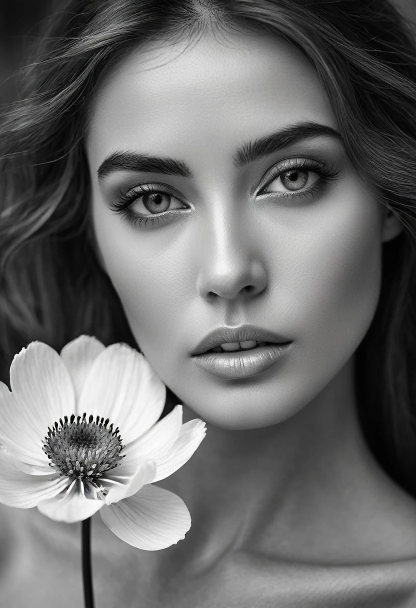 A black and white photo in raw format, zooming in on the intricate details of a woman's face, revealing the delicate lines of her skin and the depth of her expressive eyes. Frame the shot with a solitary striking flower, delicately held in the woman's hand, adding a touch of softness and femininity to the composition, enhancing the dramatic contrast and textures of the monochrome image.
